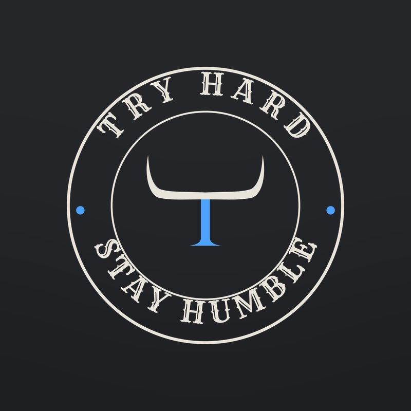 Badge tee: a round badge reading Try Hard, Stay Humble around the horns, on a black shirt.