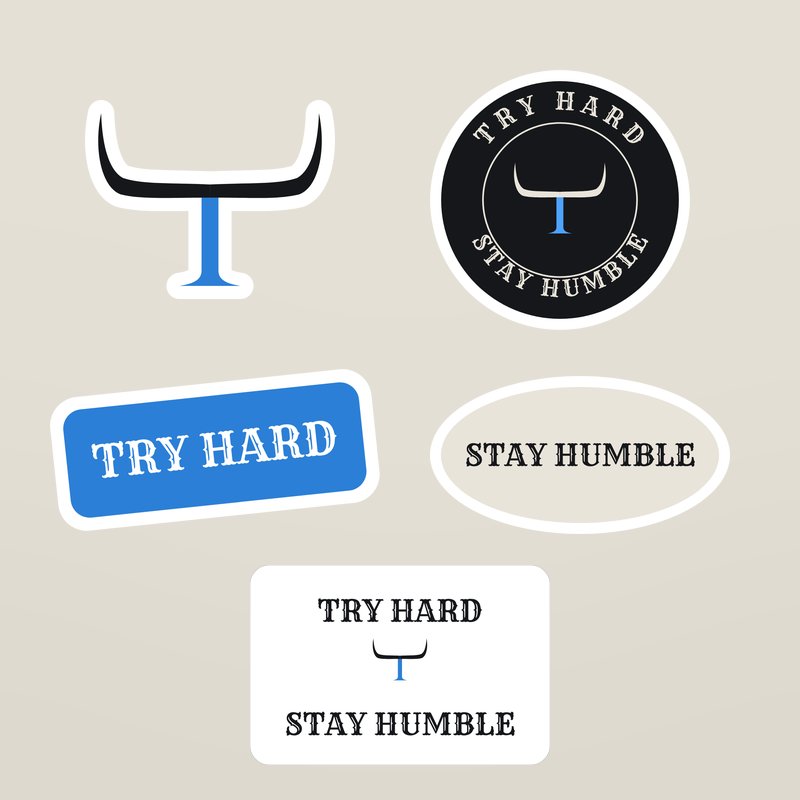 Five Try Hard Stay Humble stickers on a bone background.