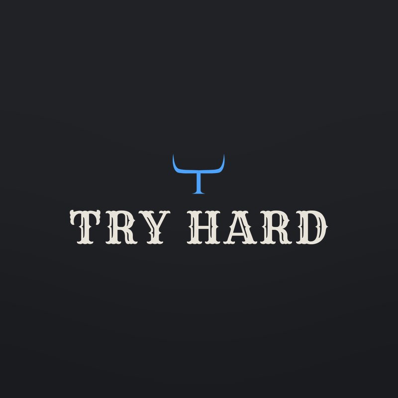 Under-bill cap: blue horns over TRY HARD in bone puff print, on black.
